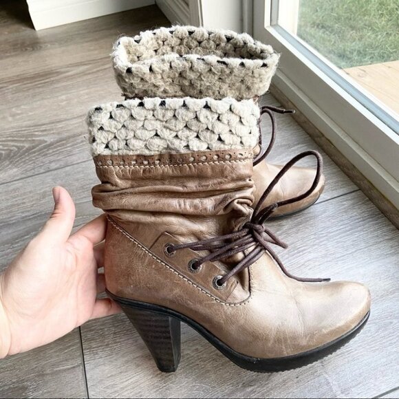 Vintage No Pulse Knit Cuff Lace Up Leather  Boots - Picture 2 of 14